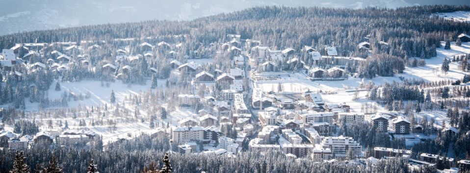 Crans-Montana aerial view of the town in winter